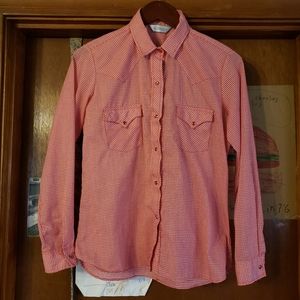 Vintage 70s 80s Gingham Karman Snap Shirt red white checked size 34 Small 6/8